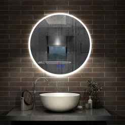 AICA Sanitaire Miroir de salle de bain simple Bluetooth LED rond tricolore tactile avec anti-buée 60cm,* Miroir Lumineux