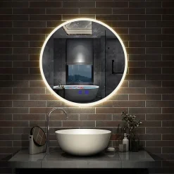 AICA Sanitaire Miroir de salle de bain simple Bluetooth LED rond tricolore tactile avec anti-buée 60cm,* Miroir Lumineux