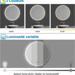 AICA Sanitaire Miroir de salle de bain simple Bluetooth LED rond tricolore tactile avec anti-buée 60cm,* Miroir Lumineux