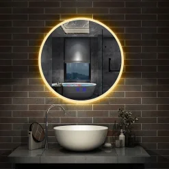 AICA Sanitaire Miroir de salle de bain simple Bluetooth LED rond tricolore tactile avec anti-buée 70cm,* Miroir Lumineux