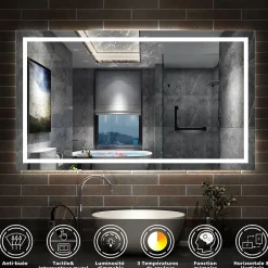 AICA Sanitaire Miroir de salle de bain 140x80cm Tri-color anti-buée LED avec mémoire et lumière gradation,* Miroir Lumineux