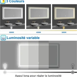 AICA Sanitaire Miroir de salle de bain 140x80cm Tri-color anti-buée LED avec mémoire et lumière gradation,* Miroir Lumineux