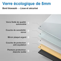 AICA Sanitaire Miroir de salle de bain 140x80cm Tri-color anti-buée LED avec mémoire et lumière gradation,* Miroir Lumineux