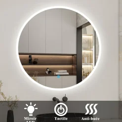 AICA Sanitaire Miroir de salle de bain 120x120cm LED Rond anti-buée et tactile de Salle de Bain monochrome,