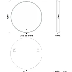 AICA Sanitaire Miroir de salle de bain 120x120cm LED Rond anti-buée et tactile de Salle de Bain monochrome,
