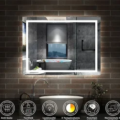 AICA Sanitaire Miroir de salle de bain 100x60cm Tri-color anti-buée LED avec mémoire et lumière gradation,* Miroir Lumineux