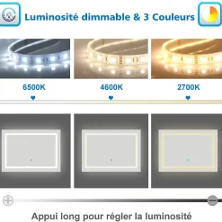 AICA Sanitaire Miroir de salle de bain 80x60cm Tri-color anti-buée LED avec mémoire et lumière gradation,