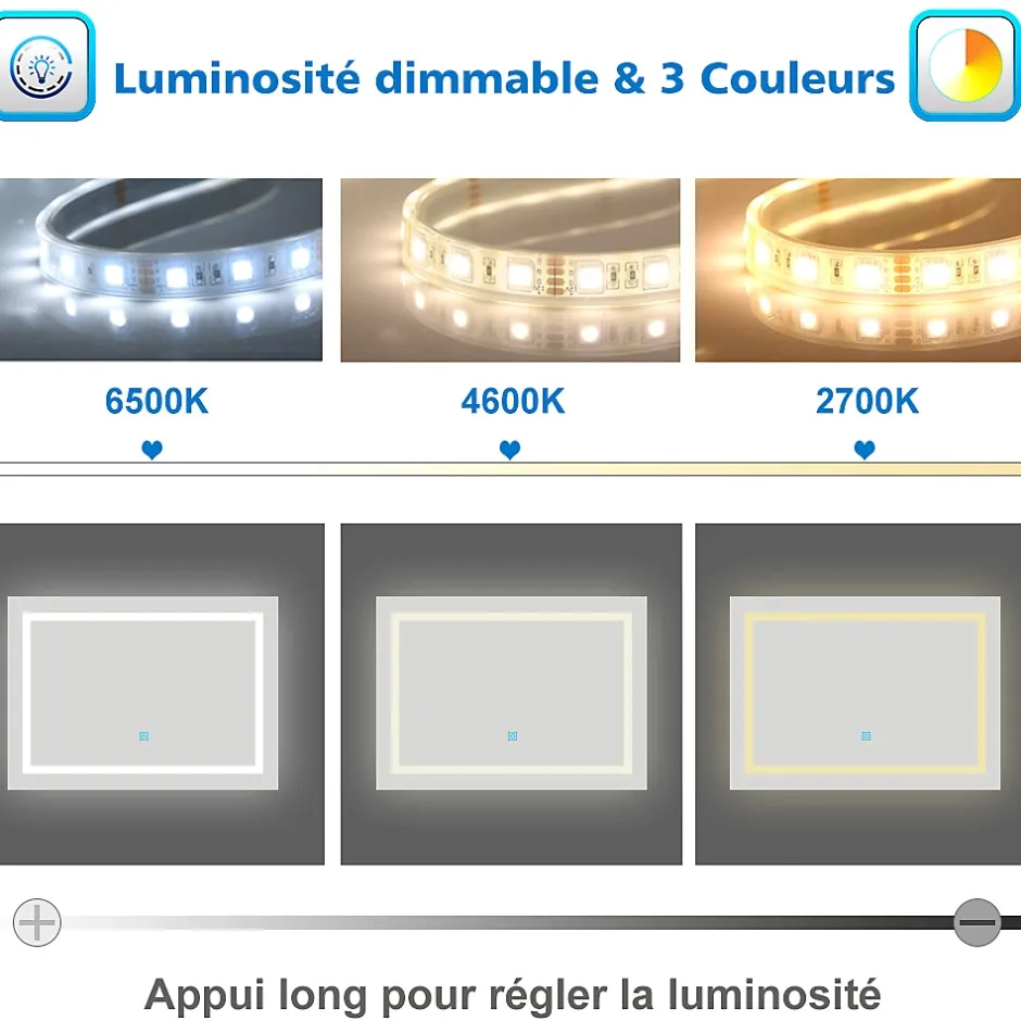 AICA Sanitaire Miroir de salle de bain 80x60cm Tri-color anti-buée LED avec mémoire et lumière gradation,