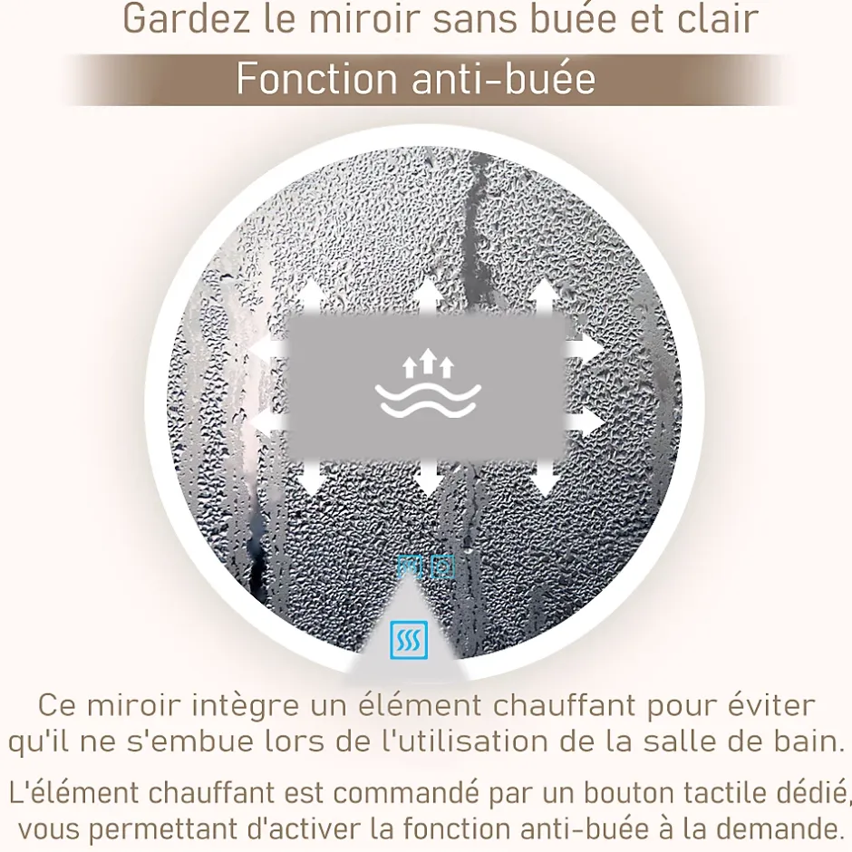 Mon Beau bain Miroir de salle de bains rond 80x80 cm - Anti-Buée , Mémoire, LED,Miroir lumineux de salle de bains* Miroir Lumineux
