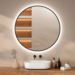 Mirlux Miroir de salle de bains lumineux LED rond 120cm, Cadre noir, Antibuée