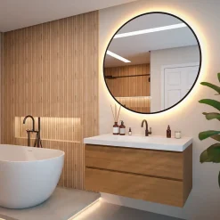 Mirlux Miroir de salle de bains lumineux LED rond 120cm, Cadre noir, Antibuée