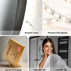 Mirlux Miroir de salle de bains lumineux LED rond 120cm, Cadre noir, Antibuée