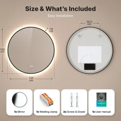 Mirlux Miroir de salle de bains lumineux LED rond 120cm, Cadre noir, Antibuée