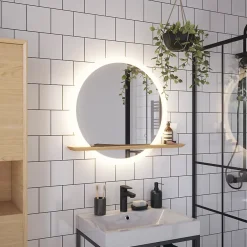 GoodHome Miroir de salle de bains lumineux LED rond avec tablette bois, Avela