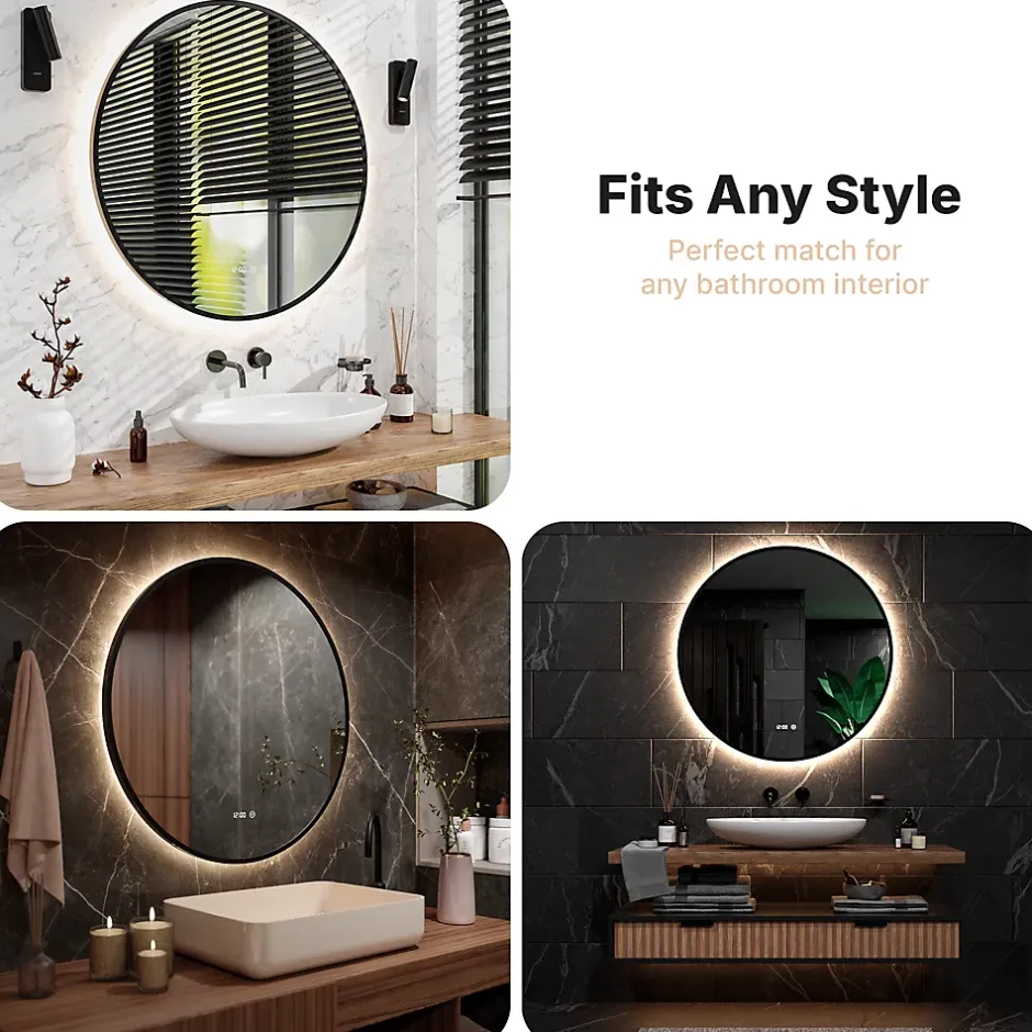 Mirlux Miroir de salle de bains lumineux LED rond 100 cm, noir mat, antibuée* Miroir Lumineux