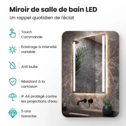 Mirlux Miroir de salle de bains lumineux LED rectangulaire 90x65 cm, Sans cadre, chauffant antibuée* Miroir Grossissant Lumineux