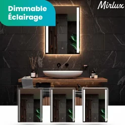 Mirlux Miroir de salle de bains lumineux LED rectangulaire 90x65 cm, Sans cadre, chauffant antibuée* Miroir Grossissant Lumineux
