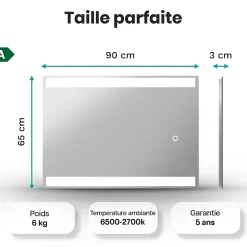 Mirlux Miroir de salle de bains lumineux LED rectangulaire 90x65 cm, Sans cadre, chauffant antibuée* Miroir Grossissant Lumineux