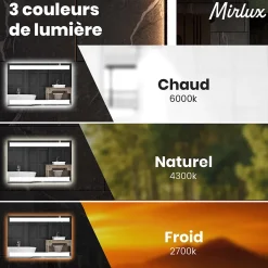 Mirlux Miroir de salle de bains lumineux LED rectangulaire 90x65 cm, Sans cadre, chauffant antibuée* Miroir Grossissant Lumineux