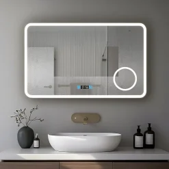 Saniland Miroir LED antibuée 80x60 avec zone grossissante X3 température de couleur réglable* Miroir Grossissant Lumineux
