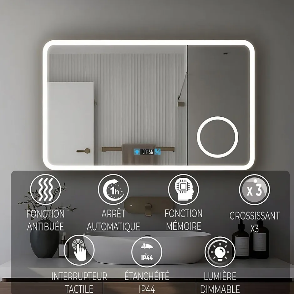 Saniland Miroir LED antibuée 100x60 avec zone grossissante X3 température de couleur réglable