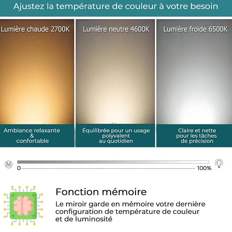Saniland Miroir LED antibuée 100x60 avec zone grossissante X3 température de couleur réglable
