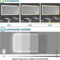 Saniland Miroir LED antibuée 100x60 avec zone grossissante X3 température de couleur réglable
