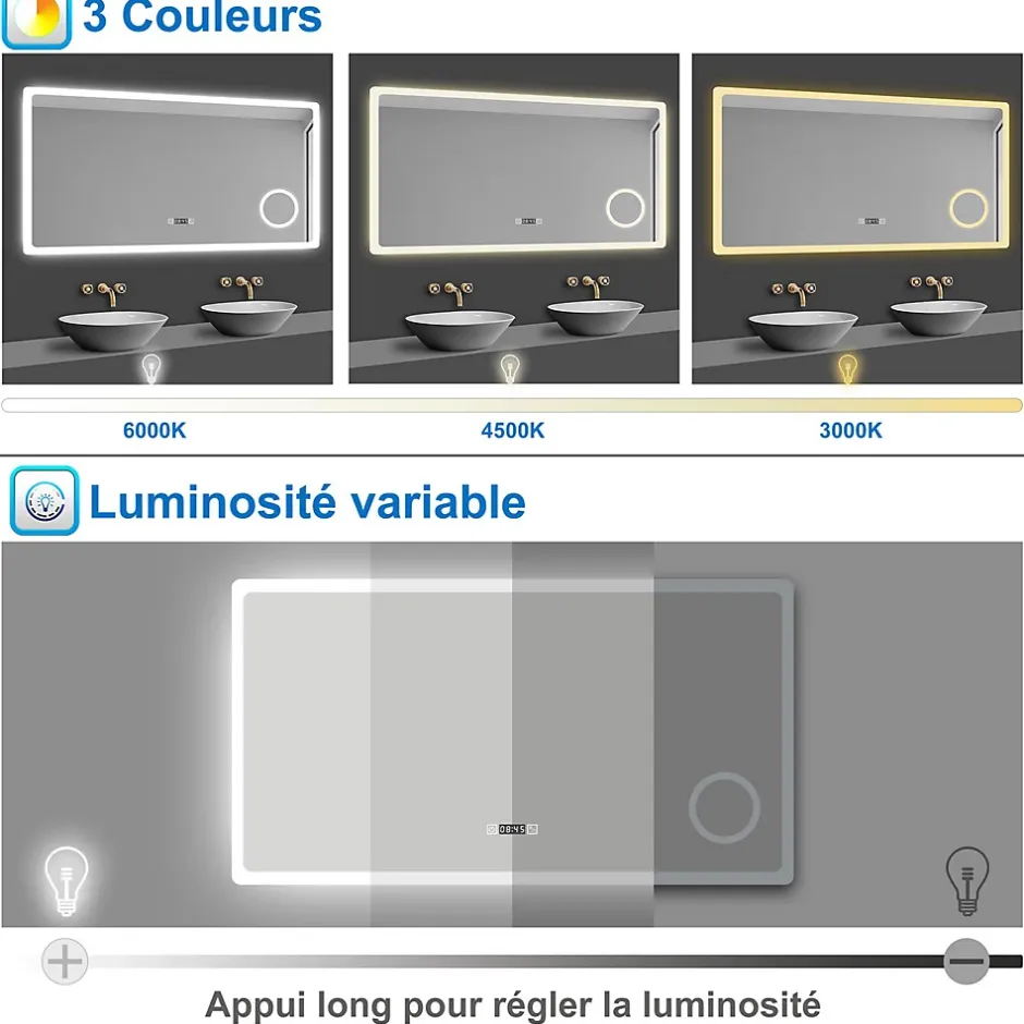 Saniland Miroir LED antibuée 100x60 avec zone grossissante X3 température de couleur réglable
