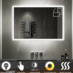Saniverre Miroir LED lumineux TEMEO 90 x 120 cm (ou 120x90) antibuée + intensité 2100 lms & couleur réglables salle de bain -