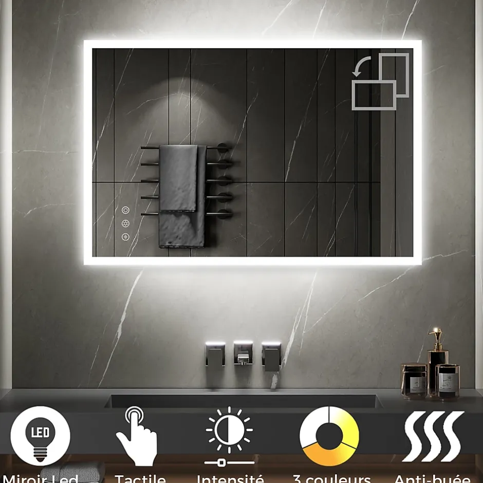 Saniverre Miroir LED lumineux TEMEO 90 x 120 cm (ou 120x90) antibuée + intensité 2100 lms & couleur réglables salle de bain -