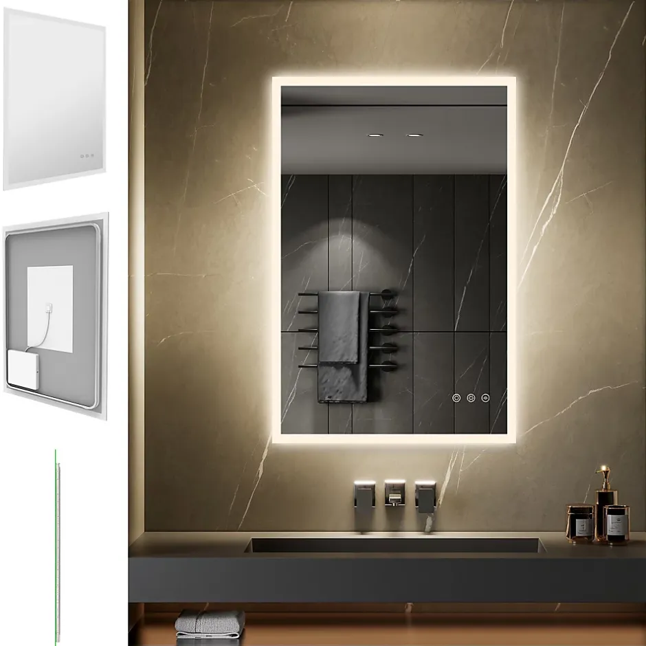 Saniverre Miroir LED lumineux TEMEO 90 x 120 cm (ou 120x90) antibuée + intensité 2100 lms & couleur réglables salle de bain -