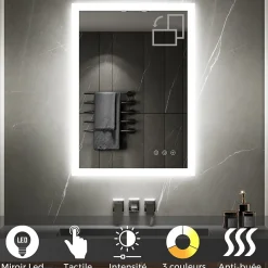 Saniverre Miroir LED lumineux TEMEO 60 x 80 cm (ou 80x60) antibuée + intensité 2100 lms & couleur réglables salle de bain -* Miroir Lumineux