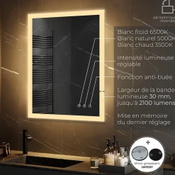 Saniverre Miroir LED lumineux TEMEO 60 x 80 cm (ou 80x60) antibuée + intensité 2100 lms & couleur réglables salle de bain -* Miroir Lumineux