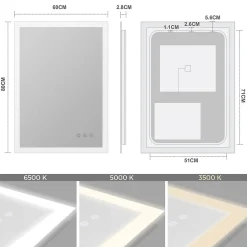 Saniverre Miroir LED lumineux TEMEO 60 x 80 cm (ou 80x60) antibuée + intensité 2100 lms & couleur réglables salle de bain -* Miroir Lumineux