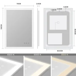 Saniverre Miroir LED lumineux TEMEO 70 x 100 cm (ou 100x70) antibuée + intensité 2100 lms & couleur réglables salle de bain -* Miroir Lumineux