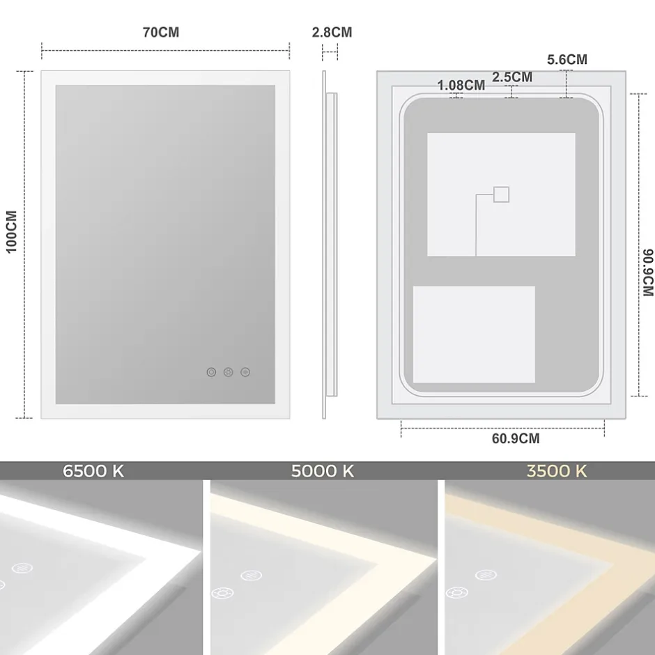 Saniverre Miroir LED lumineux TEMEO 70 x 100 cm (ou 100x70) antibuée + intensité 2100 lms & couleur réglables salle de bain -* Miroir Lumineux