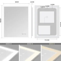 Saniverre Miroir LED lumineux TEMEO 80 x 100 cm (ou 100x80) antibuée + intensité 2100 lms & couleur réglables salle de bain -