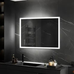 Saniverre Miroir LED lumineux TEMEO 80 x 100 cm (ou 100x80) antibuée + intensité 2100 lms & couleur réglables salle de bain -