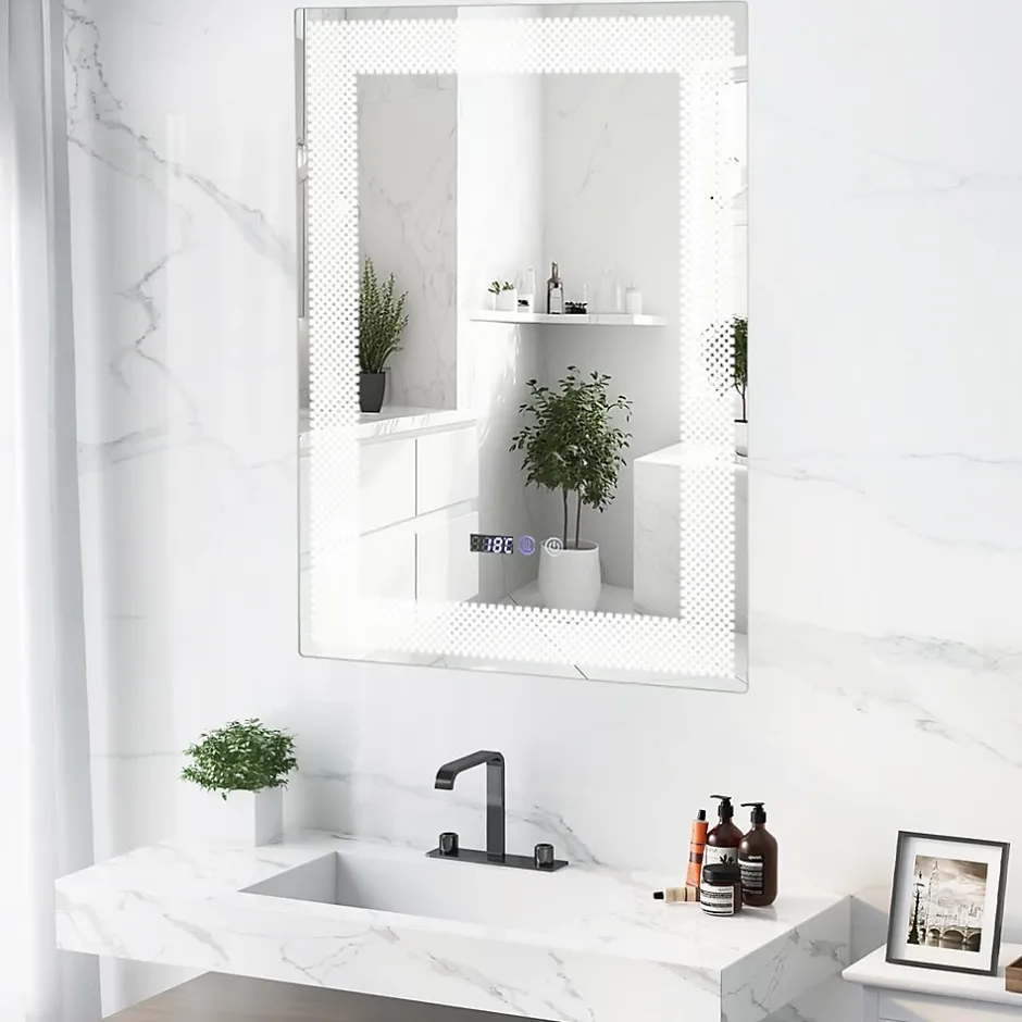 Giantex Miroir LED Mural de Salle de Bain Eclairage LED 3 Couleurs Memoire Antibuee Lecture Heure Temperature Rectangulaire-Motif