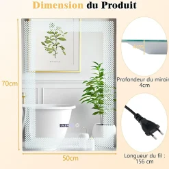 Giantex Miroir LED Mural de Salle de Bain Eclairage LED 3 Couleurs Memoire Antibuee Lecture Heure Temperature Rectangulaire-Motif