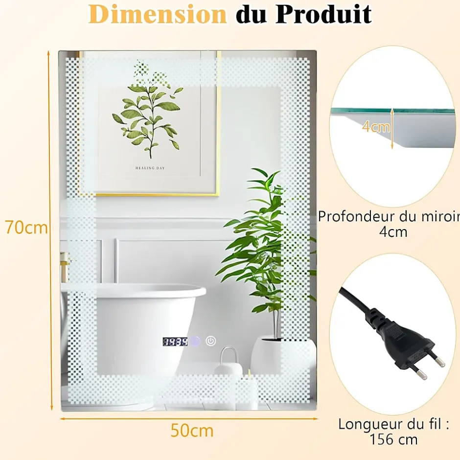 Giantex Miroir LED Mural de Salle de Bain Eclairage LED 3 Couleurs Memoire Antibuee Lecture Heure Temperature Rectangulaire-Motif