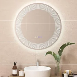 Giantex Miroir LED Mural de Salle de Bain Eclairage LED 3 Couleurs Fonction Memoire Antibuee Lecture Heure Temperature Rond-Blanc
