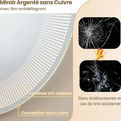Giantex Miroir LED Mural de Salle de Bain Eclairage LED 3 Couleurs Fonction Memoire Antibuee Lecture Heure Temperature Rond-Blanc