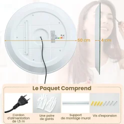 Giantex Miroir LED Mural de Salle de Bain Eclairage LED 3 Couleurs Fonction Memoire Antibuee Lecture Heure Temperature Rond-Blanc
