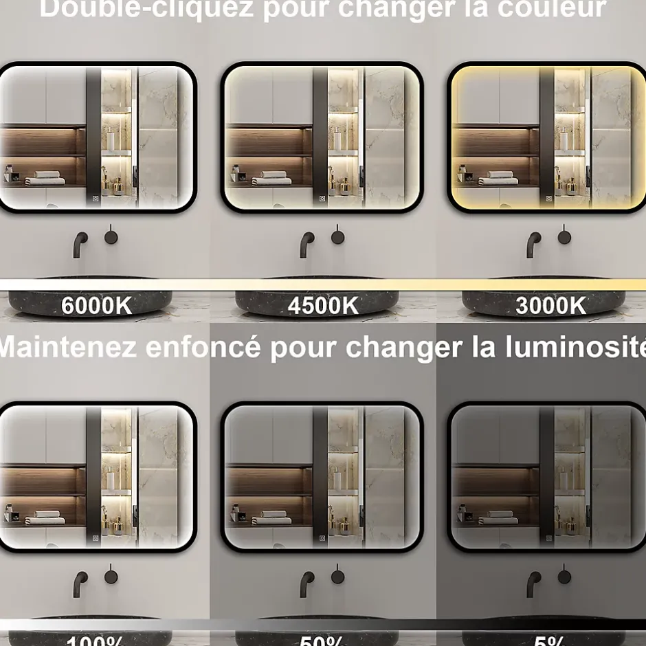 AICA Sanitaire Miroir LED pour Salle de Bain 120x70 cm - Anti-Buée, Lumière tricolore et Dimmable* Miroir Lumineux