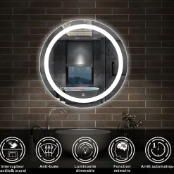 AICA Sanitaire Miroir LED rond de 60cm, dimmable + mémoire + antibuée, IP44, avec interrupteur tactile, 6000k blanc froid,* Miroir Lumineux