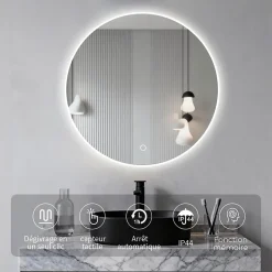Saniland Miroir LED rond pour salle de bain de diamètre 60cm avec éclairage LED lumière froide* Miroir Lumineux