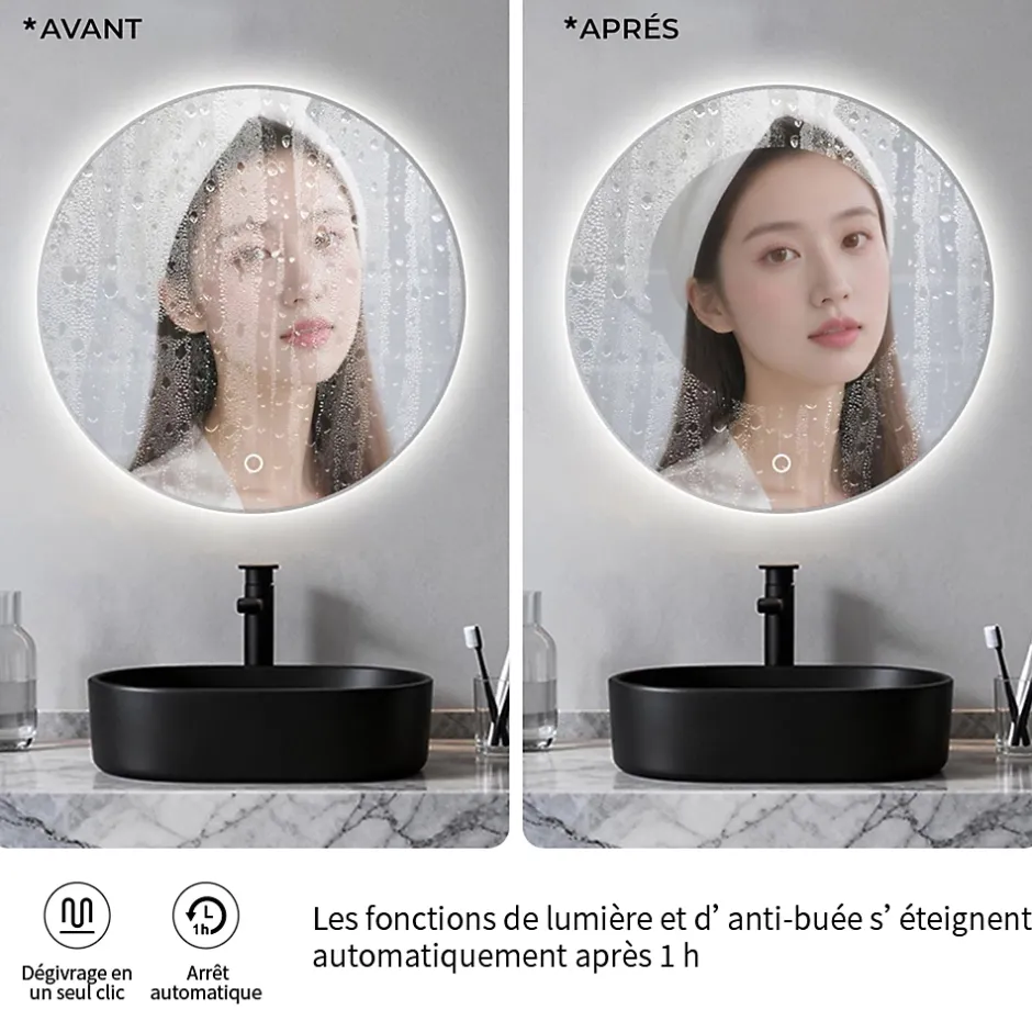 Saniland Miroir LED rond pour salle de bain de diamètre 60cm avec éclairage LED lumière froide* Miroir Lumineux