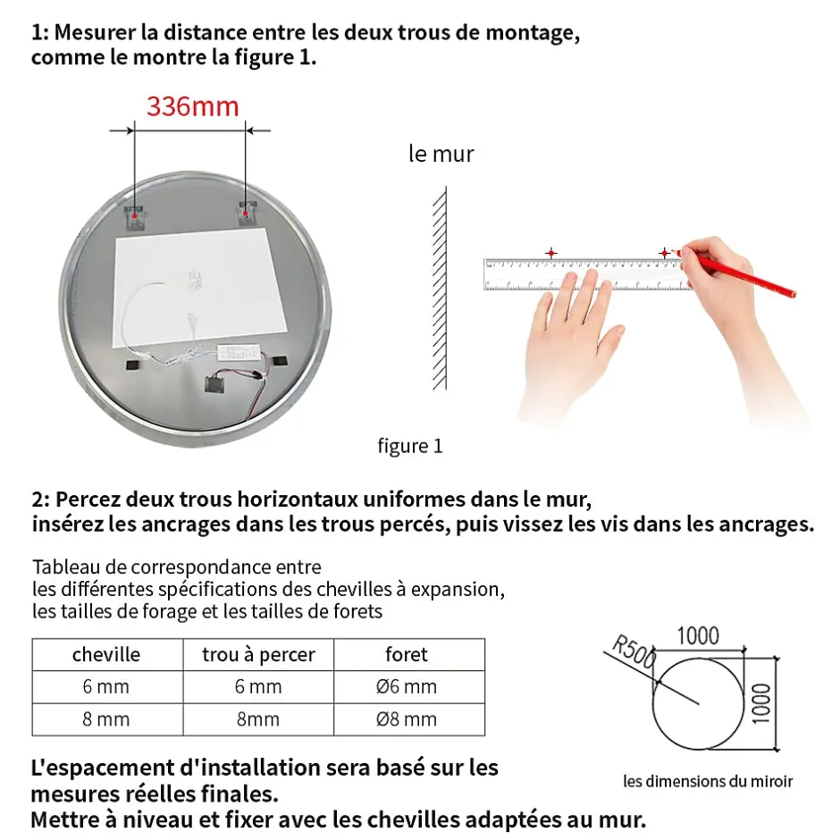 Saniland Miroir LED rond pour salle de bain de diamètre 60cm avec éclairage LED lumière froide* Miroir Lumineux