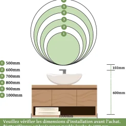 Saniland Miroir LED rond pour salle de bain de diamètre 60cm avec éclairage LED lumière froide* Miroir Lumineux